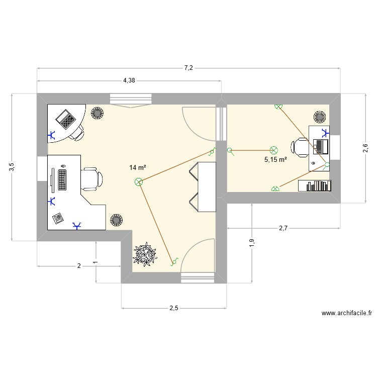 BUREAU 1. Plan de 2 pièces et 19 m2
