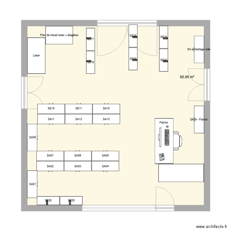 Atelier stockage. Plan de 1 pièce et 60 m2