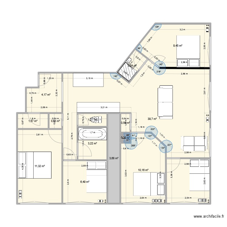 levallois1. Plan de 14 pièces et 94 m2