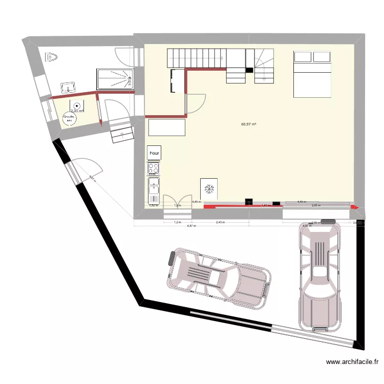 Plan RDC Porte appenti d&eacute;plac&eacute;e et 2&egrave;me ouverture mur. Plan de 2  et 63 m²