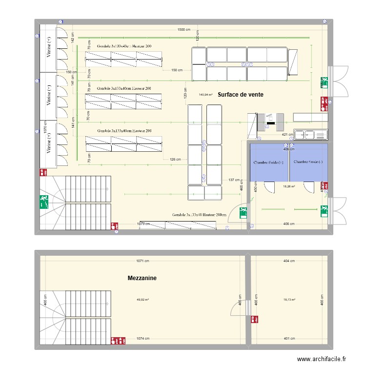 Magasin Soissons. Plan de 2 pièces et 159 m2