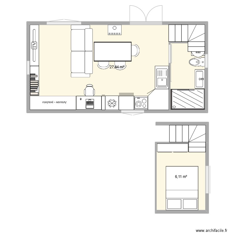 tiny 2;  4x7,86m  à étage. Plan de 2 pièces et 34 m2