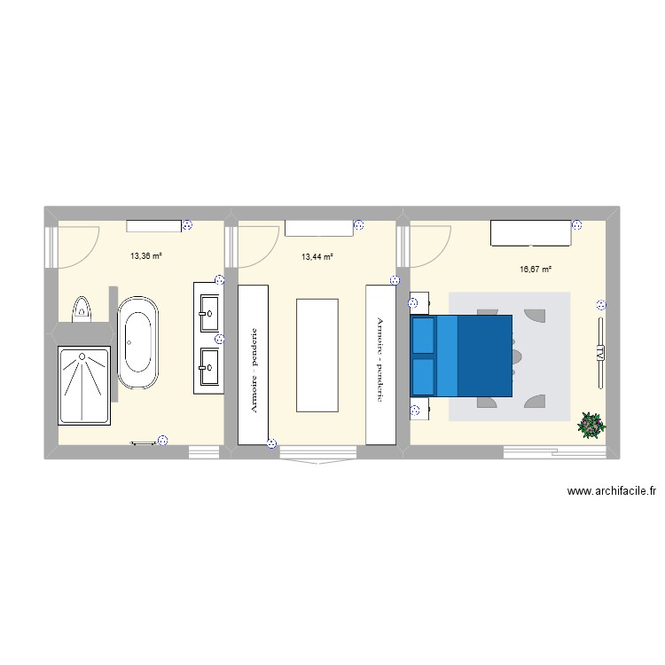 extension 1ere idée. Plan de 3 pièces et 43 m2