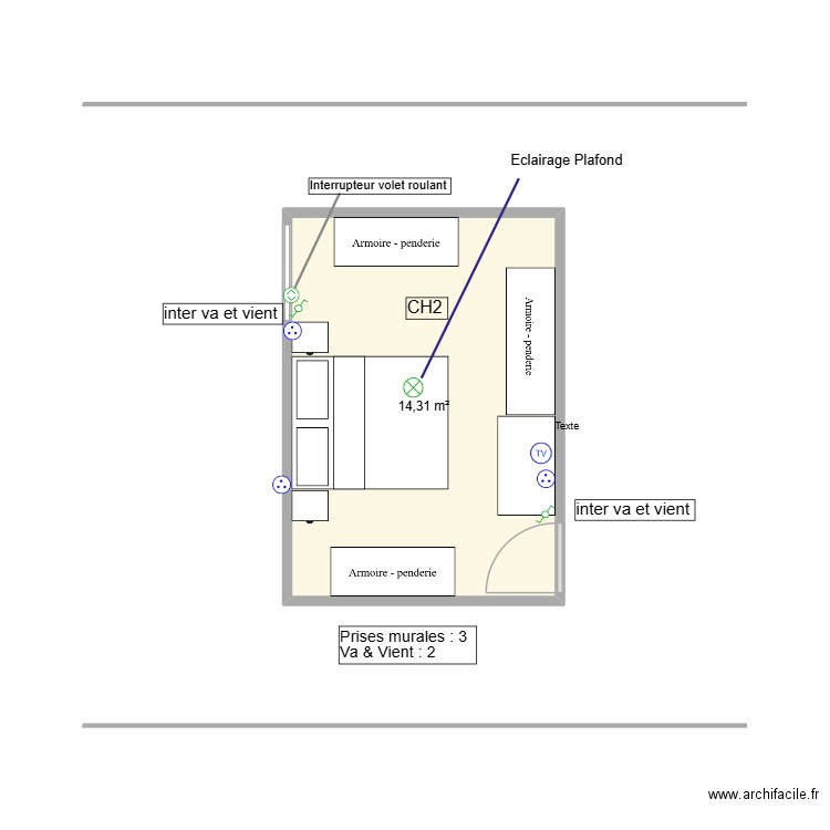 CH2 aménagement  avec Elec. Plan de 1 pièce et 14 m2