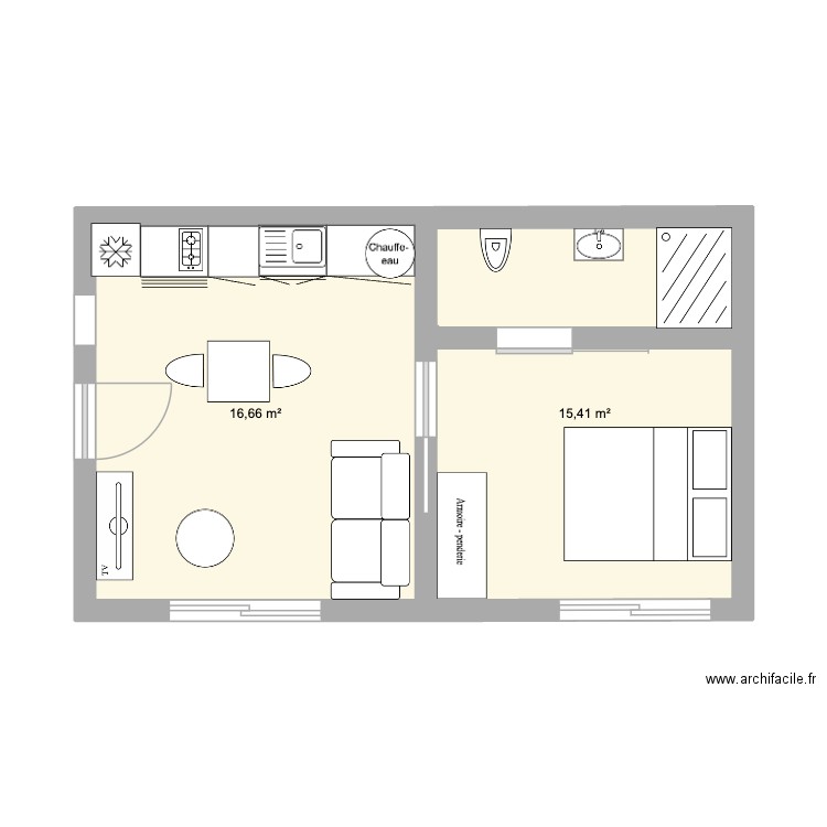 studio 2. Plan de 2 pièces et 32 m2