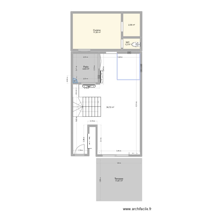 RDC Salon cuisine. Plan de 6 pièces et 68 m2