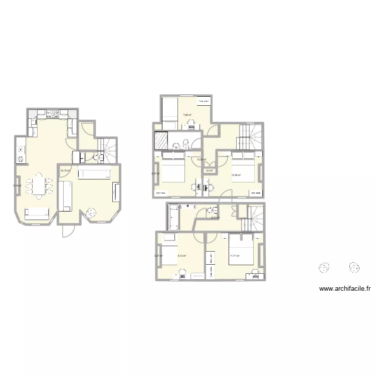 Revised Cottage layout with bath on to floor and shower on middle floor v2. Plan de 11  et 108 m²