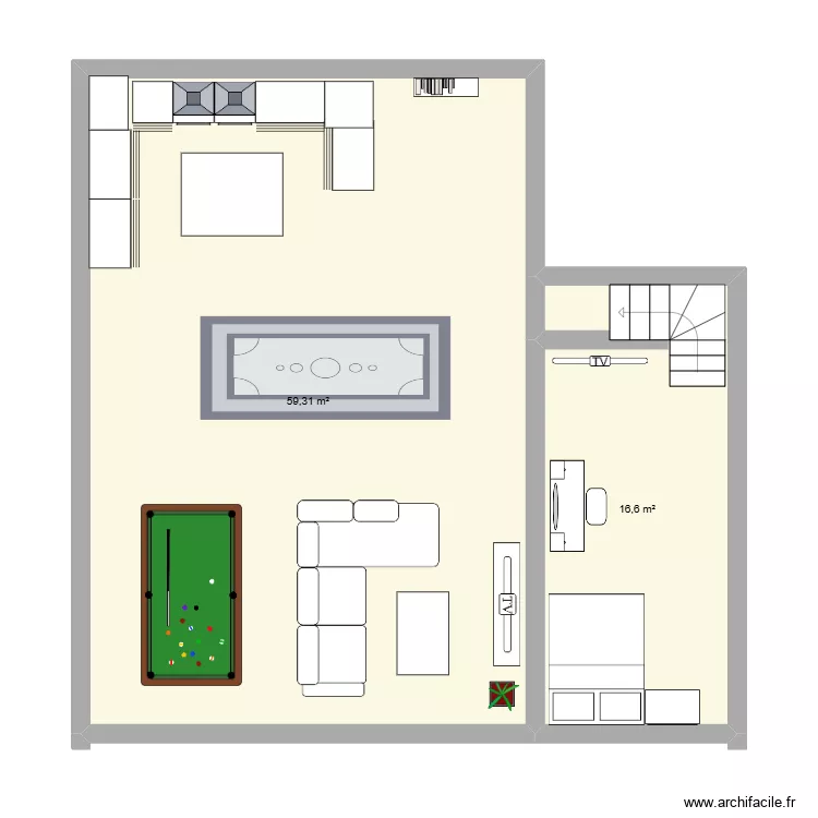 sous sol. Plan de 2 pièces et 76 m²