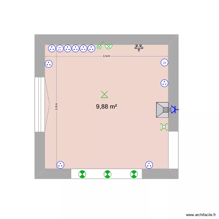 cuisine. Plan de 1  et 10 m²