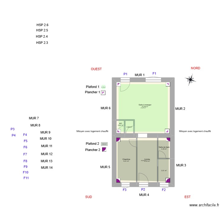 GRELIER_ Existant. Plan de 7 pièces et 46 m2
