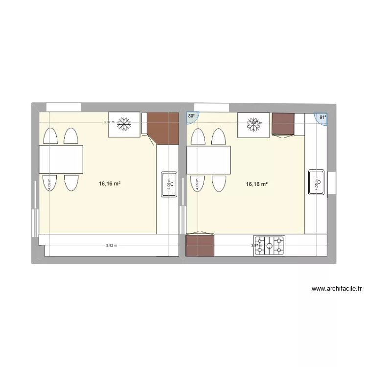 cuis. Plan de 2  et 32 m²