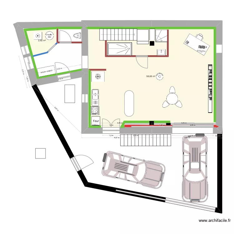 Plan RDC escalier postérieur. Plan de 2 et 62 m² Plan RDC escalier postérieur. Plan de 2 et 62 m²