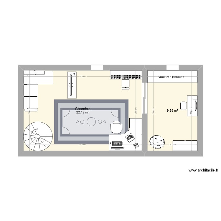 chambre lahna. Plan de 2 pièces et 32 m2