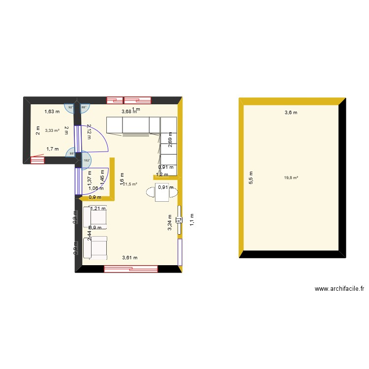 house. Plan de 3 pièces et 45 m2