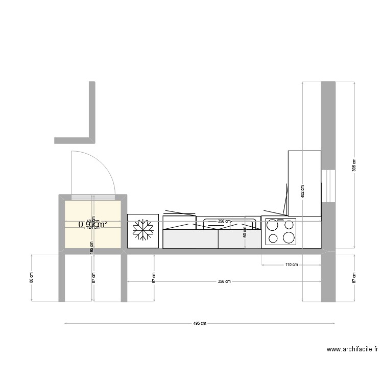 ROSE F2 CUISINE 2 Simple. Plan de 1 pièce et 1 m2