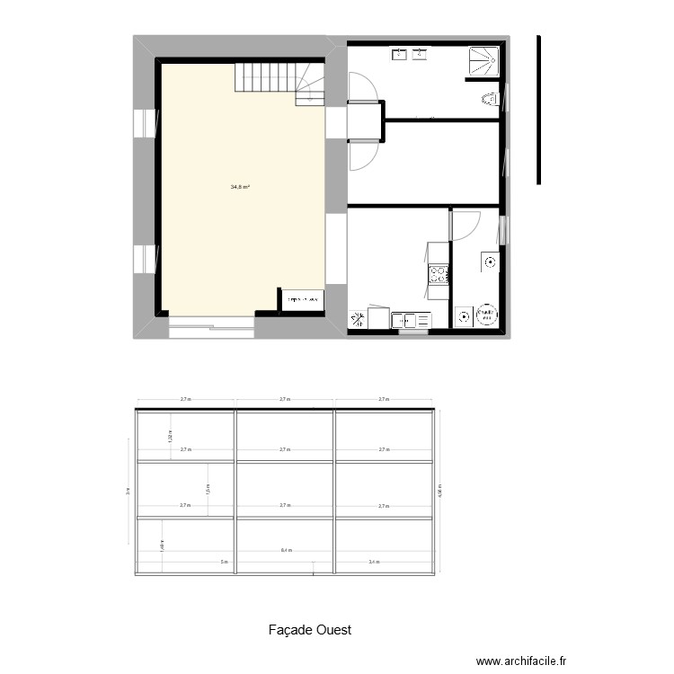 façade Ouest  log 2 charpente. Plan de 4 pièces et 88 m2