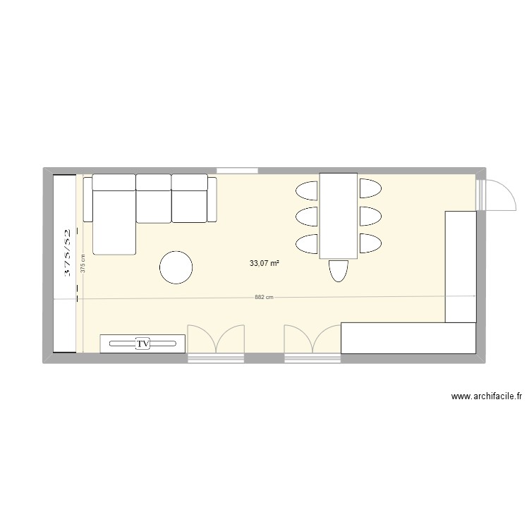 Salon cuisine 2ème Salins. Plan de 1 pièce et 33 m2