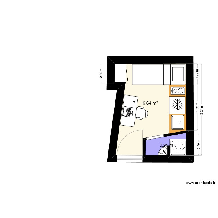 Chambre de bonne Gaume. Plan de 2 pièces et 8 m2