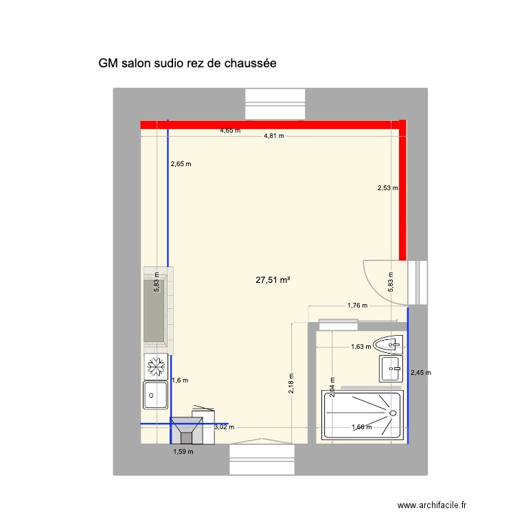 GM salon studio rez de chaussée 11/01/2026. Plan de 1 pièce et 28 m2