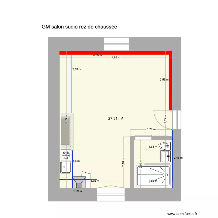 GM salon studio rez de chauss&eacute;e 11/01/2026. Plan de 1 pièce et 28 m²