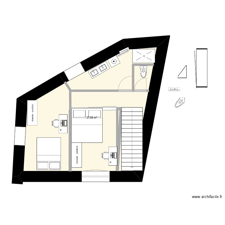 haut. Plan de 2 pièces et 39 m2