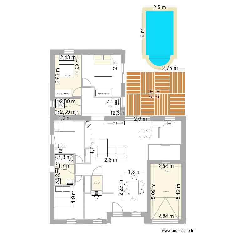 extension légo piscine. Plan de 5 pièces et 34 m2