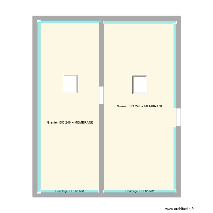 GRENIER : RAMPANTS + DOUBLAGES. Plan de 2 pièces et 70 m2