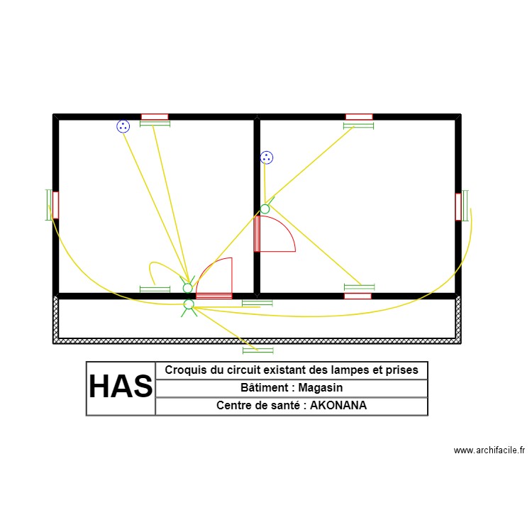 Circuit existant des lampes et prises Magasin / AKONANA . Plan de 3 pièces et 42 m2