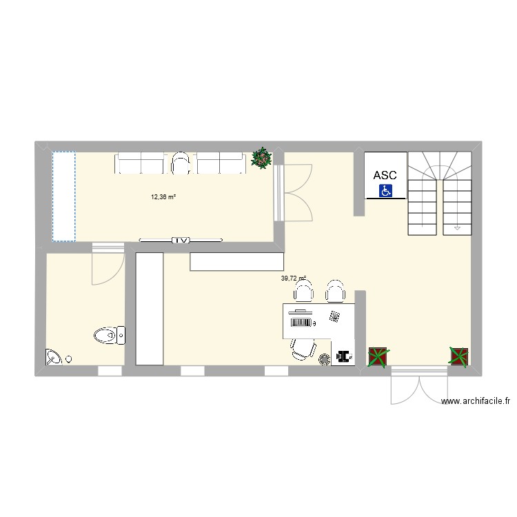 OR blanc. Plan de 2 pièces et 52 m2