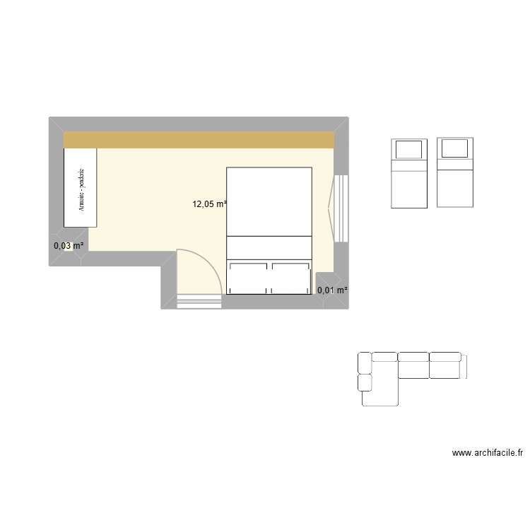 chambre d'amis. Plan de 3 pièces et 12 m2