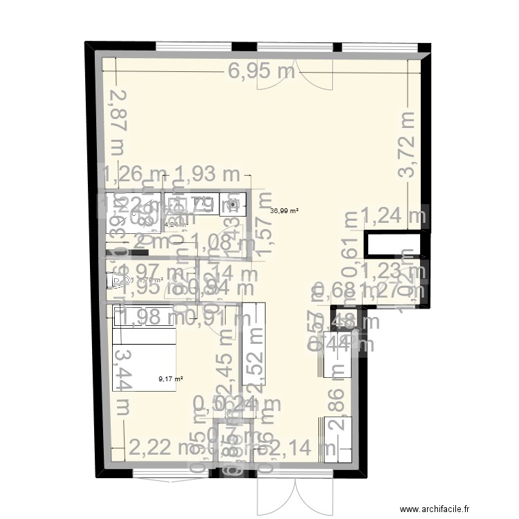 modif wc. Plan de 6 pièces et 53 m2