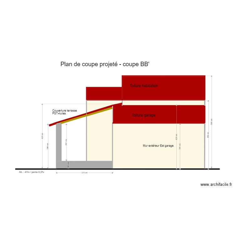 Plan de coupe projeté BB. Plan de 13 pièces et 48 m2