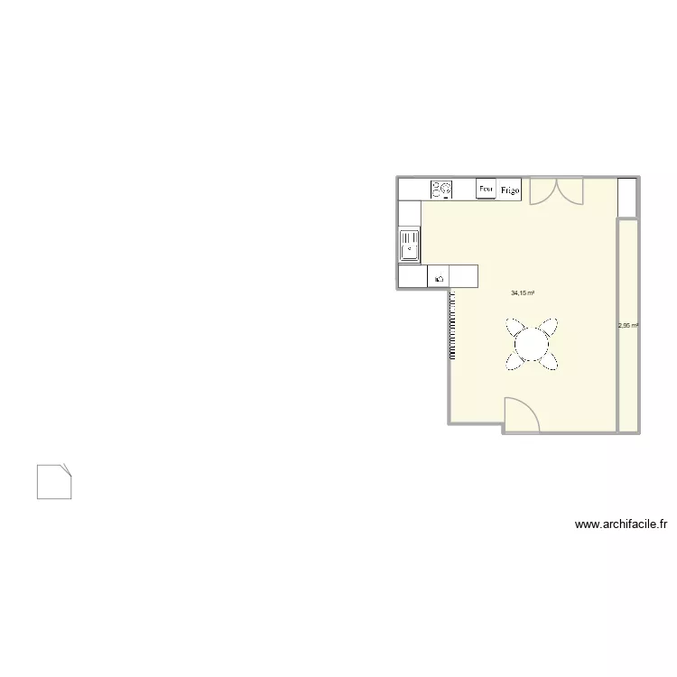 cuisine salon. Plan de 2 pièces et 37 m²