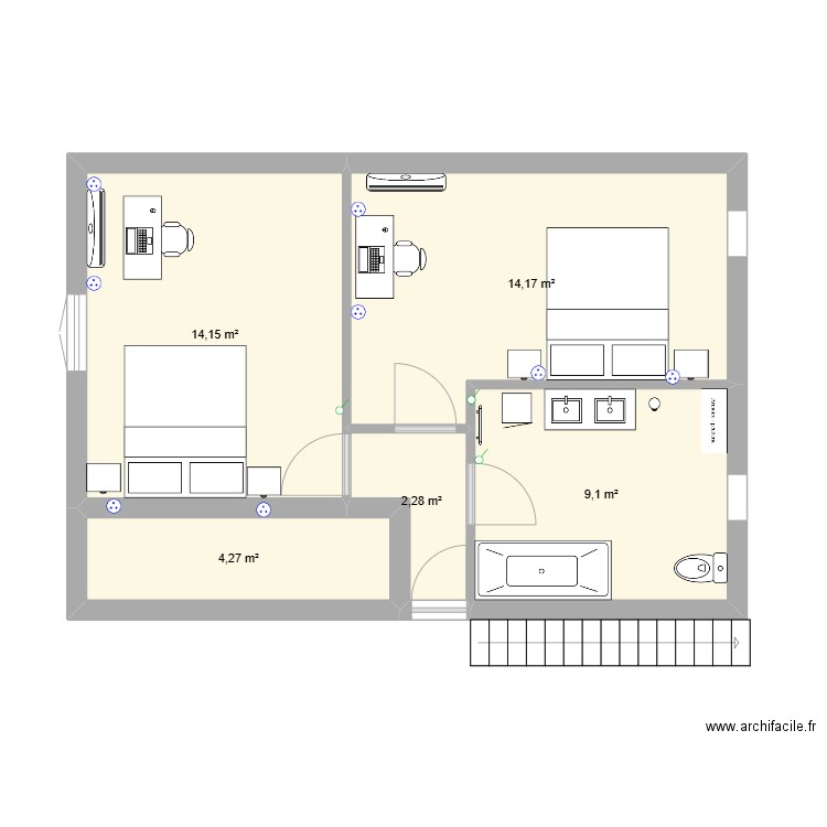 chambres avec sdb. Plan de 5 pièces et 44 m2