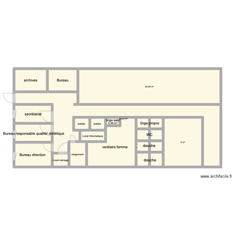 plan cuisine collective GIP. Plan de 23 pièces et 89 m2