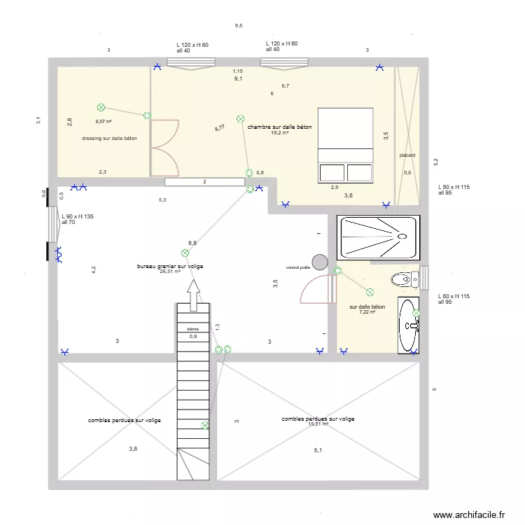 2 pans asym&eacute;triques  &eacute;lectricit&eacute;. Plan de 24  et 282 m²