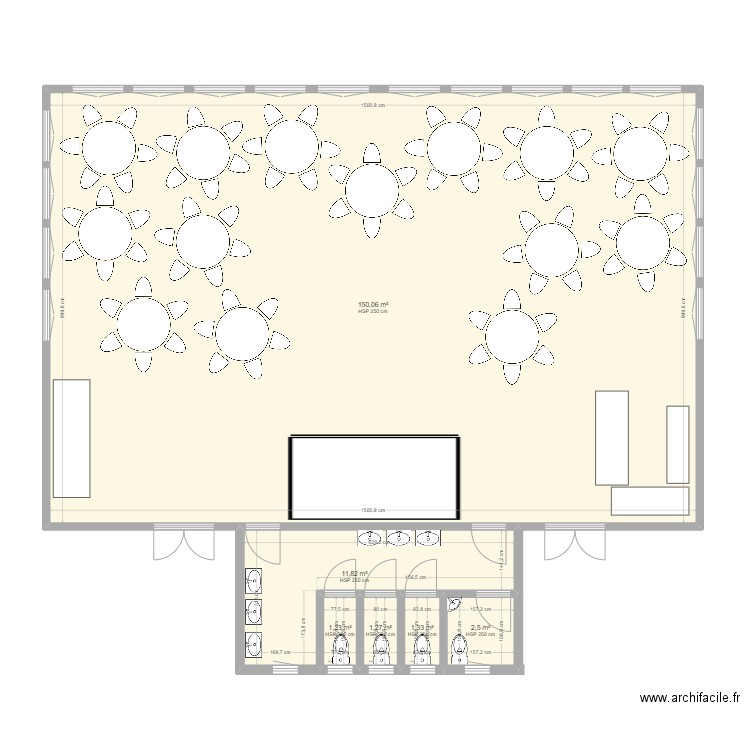 Occitanie configuration 110 couverts tables rondes. Plan de 6 pièces et 168 m2