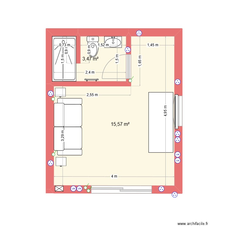 extension. Plan de 2 pièces et 19 m2