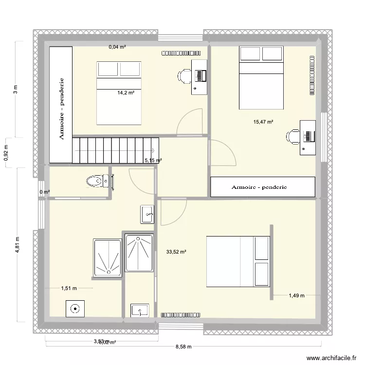 2e &eacute;tage trois chambres alternatif. Plan de 