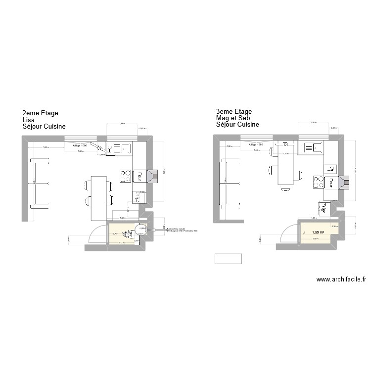 projet cuisine 2. Plan de 2 pièces et 3 m2