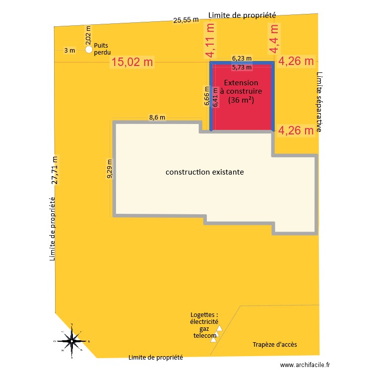 PlanDeMasseAvecExtensionEtAccesV2. Plan de 2 pièces et 198 m2