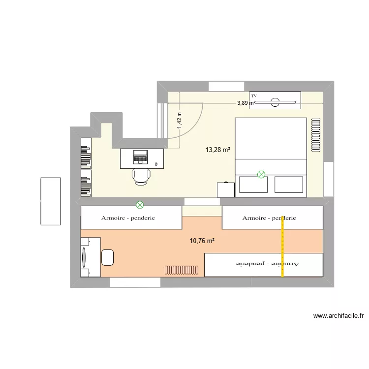 Chambre V2. Plan de 2  et 24 m²