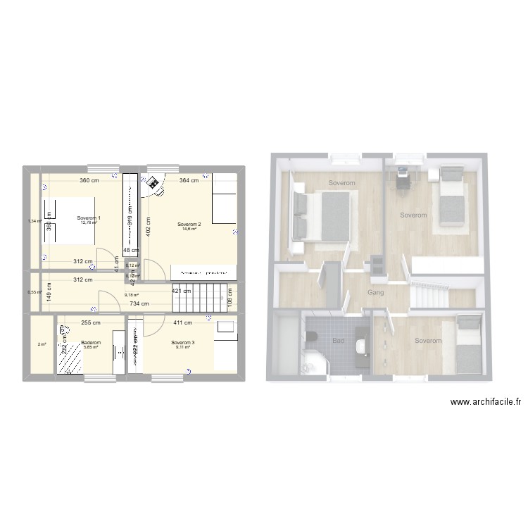 2eme etg. Plan de 10 pièces et 55 m2