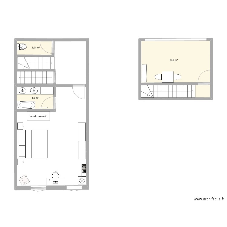 Chambre et terrasse. Plan de 3 pièces et 22 m2