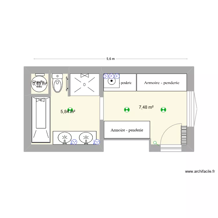 sdb paradis V6 modif. Plan de 3 pièces et 14 m²