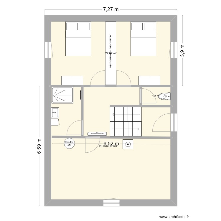 ETAGE. Plan de 3 pièces et 62 m2