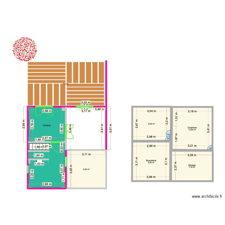 Sous sol maison Maman V3. Plan de 6 pièces et 64 m2