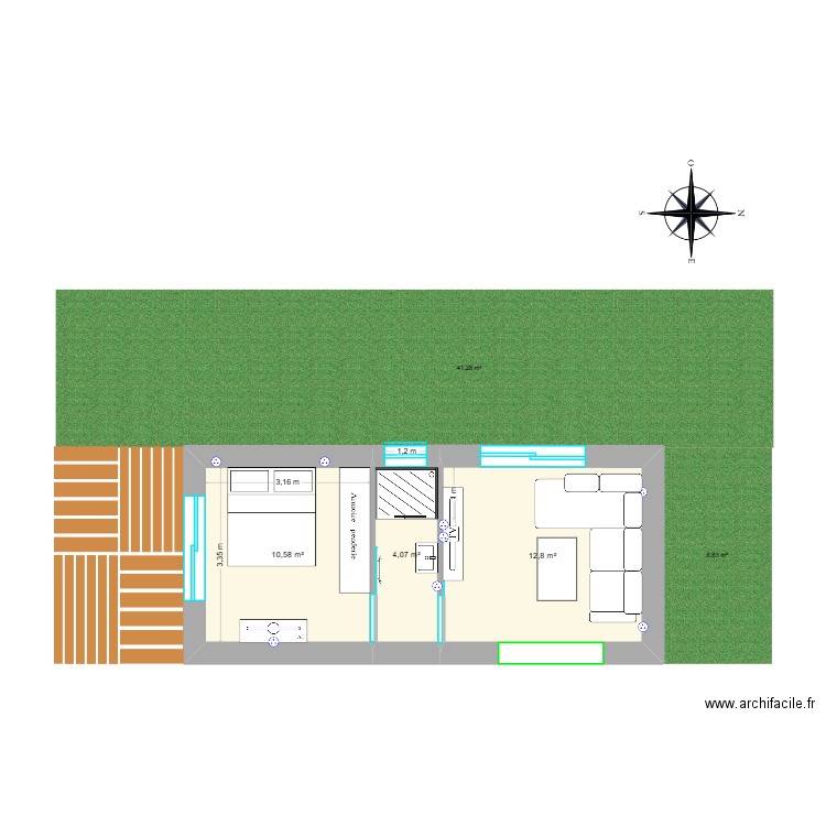 extension. Plan de 3 pièces et 27 m2