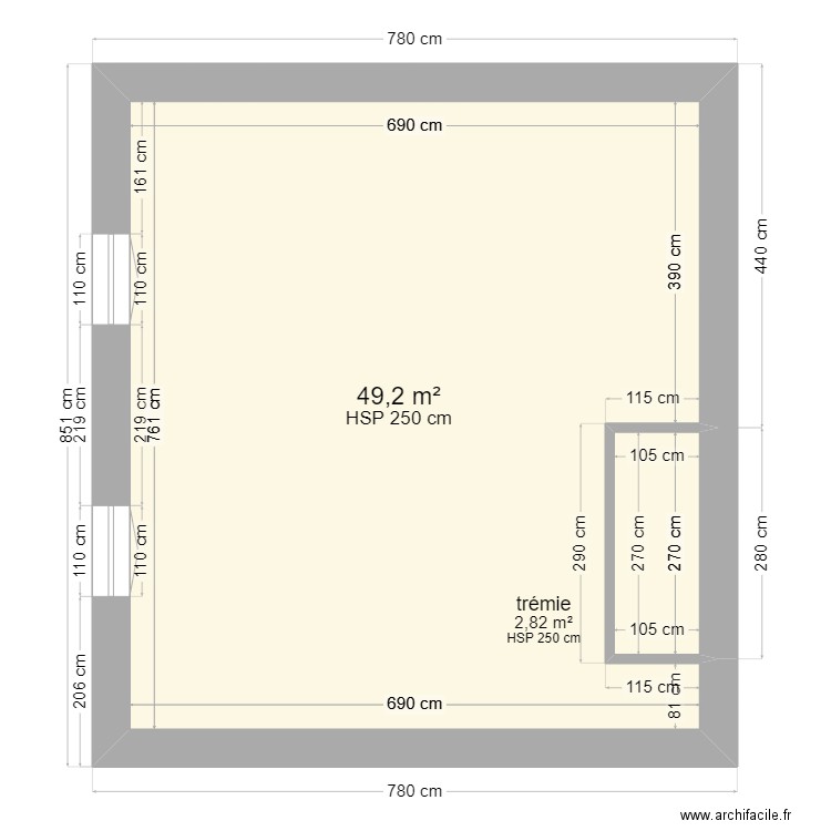 plan maconnerie haut. Plan de 2 pièces et 52 m2