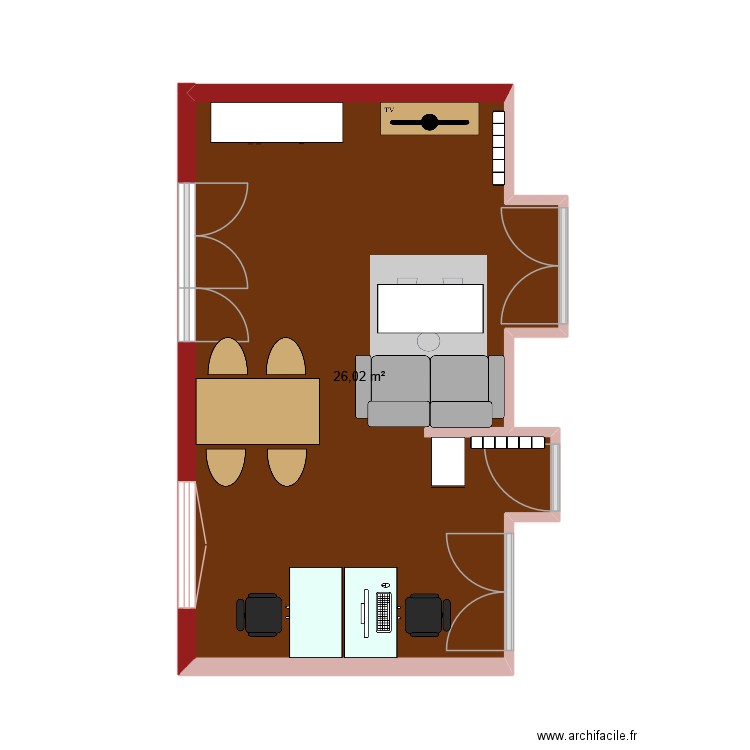 Salon deux bureaux idée 2. Plan de 1 pièce et 26 m2